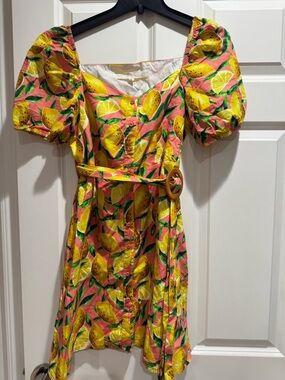 Lemon Print Puff-Sleeve Mini Dress in Coral and Yellow